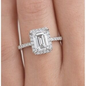 2 Ct TW Lab Grown Diamond Halo Engagement Ring Emerald Cut 14K White Gold Size 7